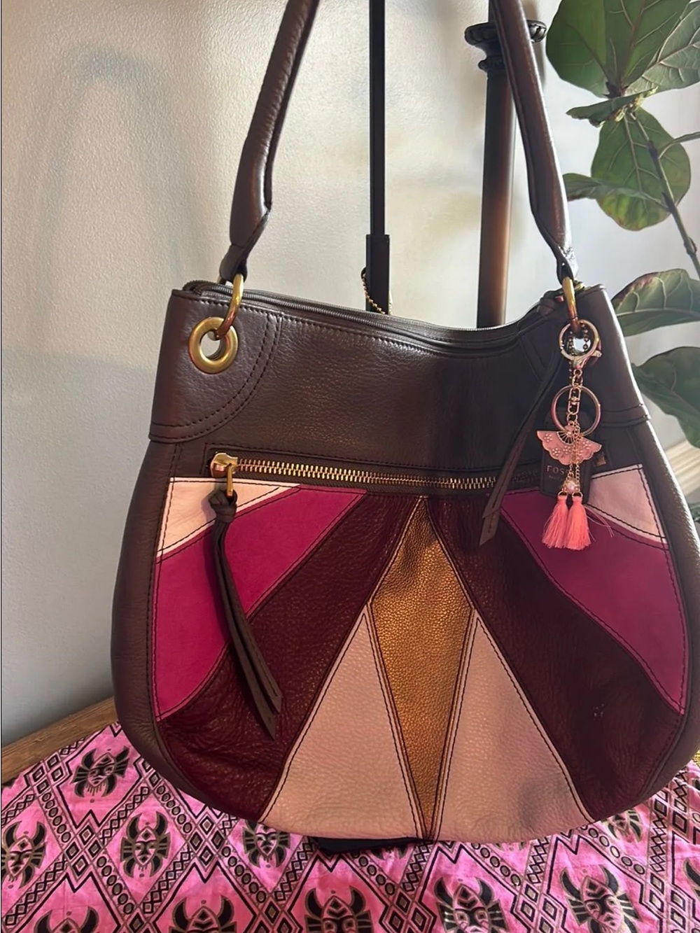 Fossil Brown, Pink & Gold Patchwork Leather Shoulder Bag